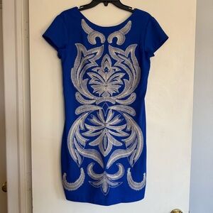 Royal Blue Dress with off white Embroidery